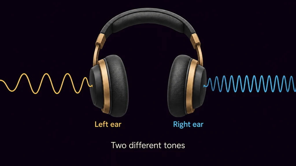 Illustrated headphones receive different tones at the left and right ears.