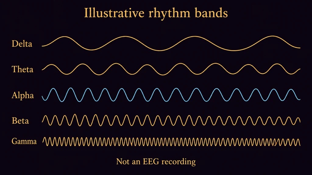 Five illustrative rhythm traces labelled Delta, Theta, Alpha, Beta and Gamma.