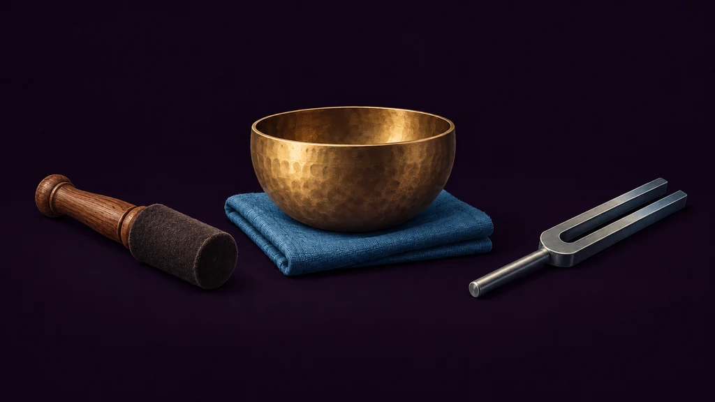 Illustrated singing bowl, wooden striker and tuning fork on a folded cloth.