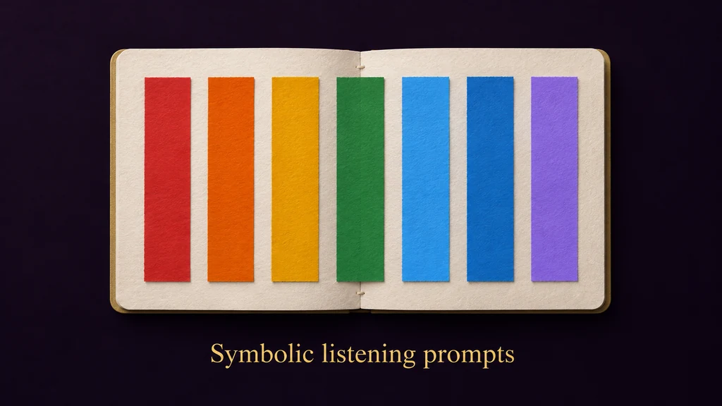 A paper folio with seven coloured strips represents symbolic listening prompts.