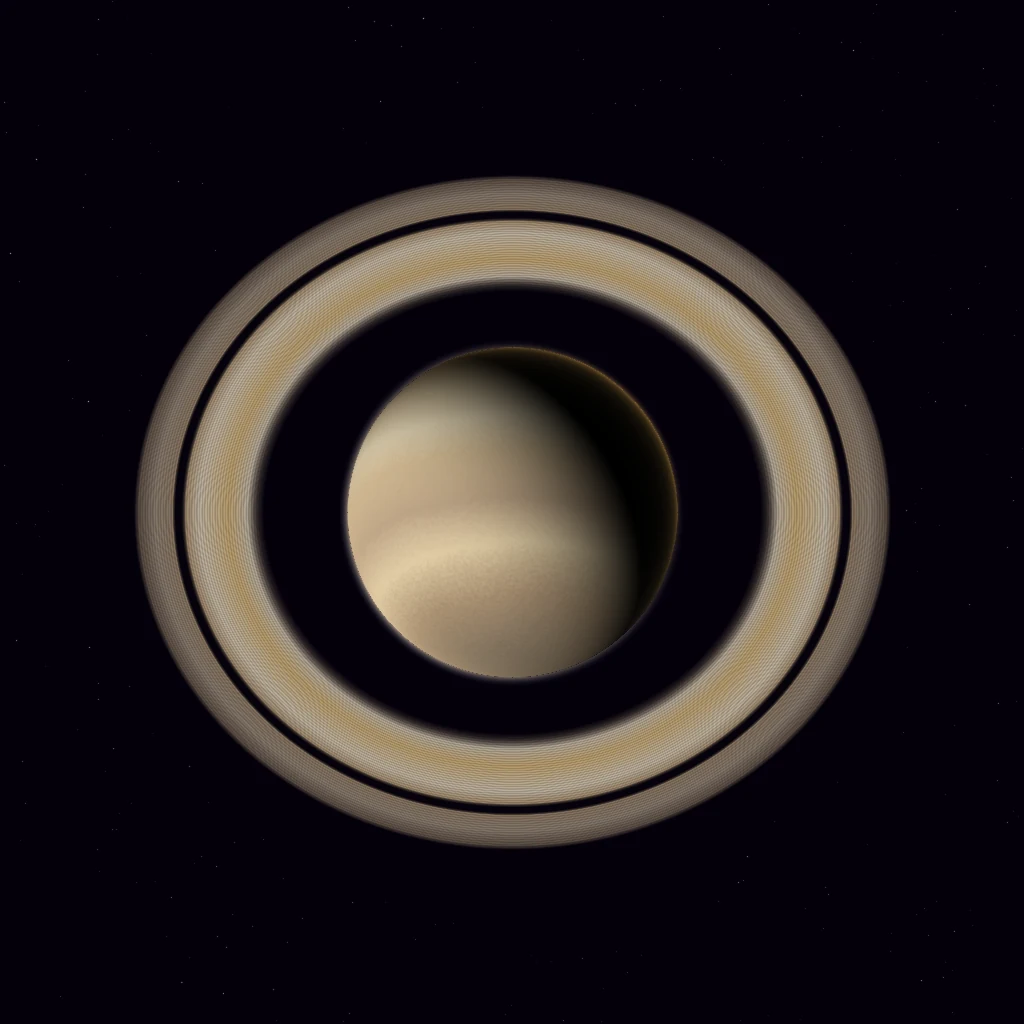 Full Saturn sphere rendered in deep space for the 147.85 Hz listening artwork.
