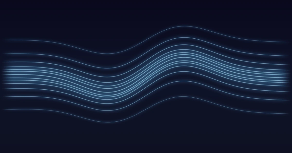 Thirteen long blue ribbons swelling across dark space, spaced by the golden ratio, rising to a crest 0.618 of the way across
