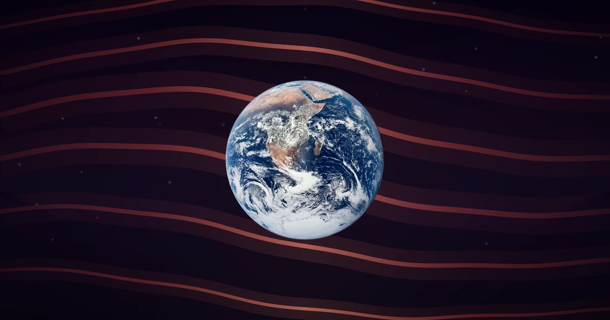 The Earth as a full sphere in deep space, with deep red wave ribbons passing behind it