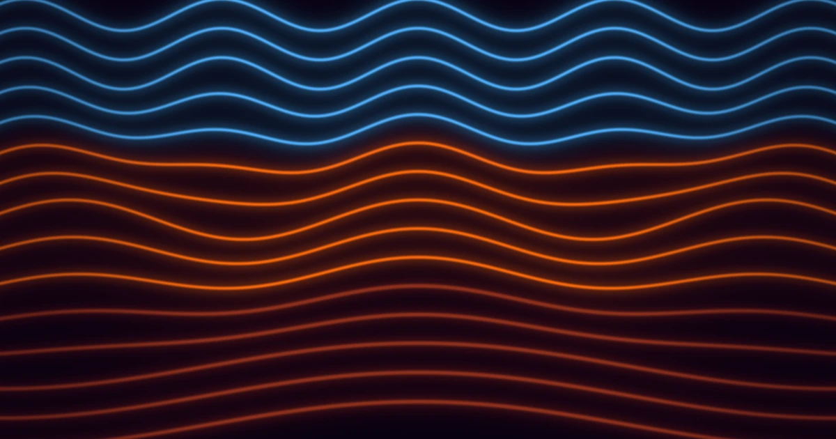 Fifteen ribbons of light in three level bands: blue at the top, orange in the middle and brick red at the bottom, the top band rippling fastest