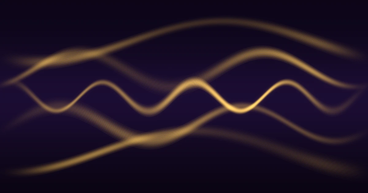 Gold ribbons of fine parallel strands flowing across deep space, drawn from 432 Hz and its octaves