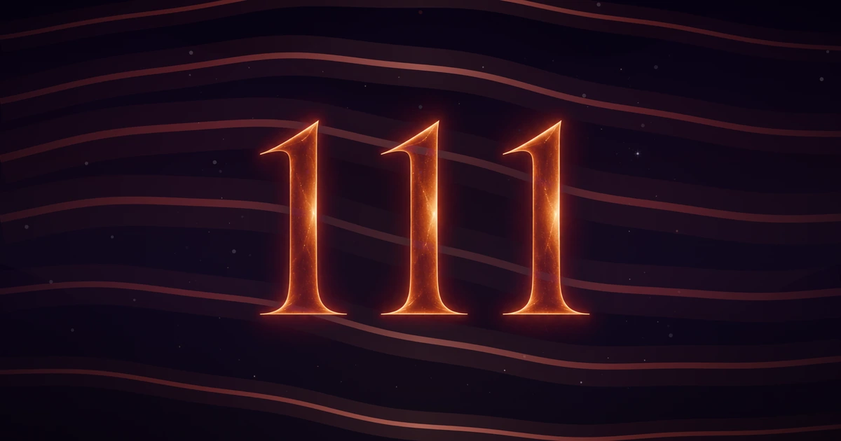 The numerals 111 in glowing red-orange light at the centre of long deep red ribbons of light flowing across a dark field
