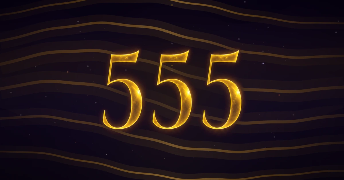 The numerals 555 in glowing golden light at the centre of long yellow ribbons of light flowing across a dark field