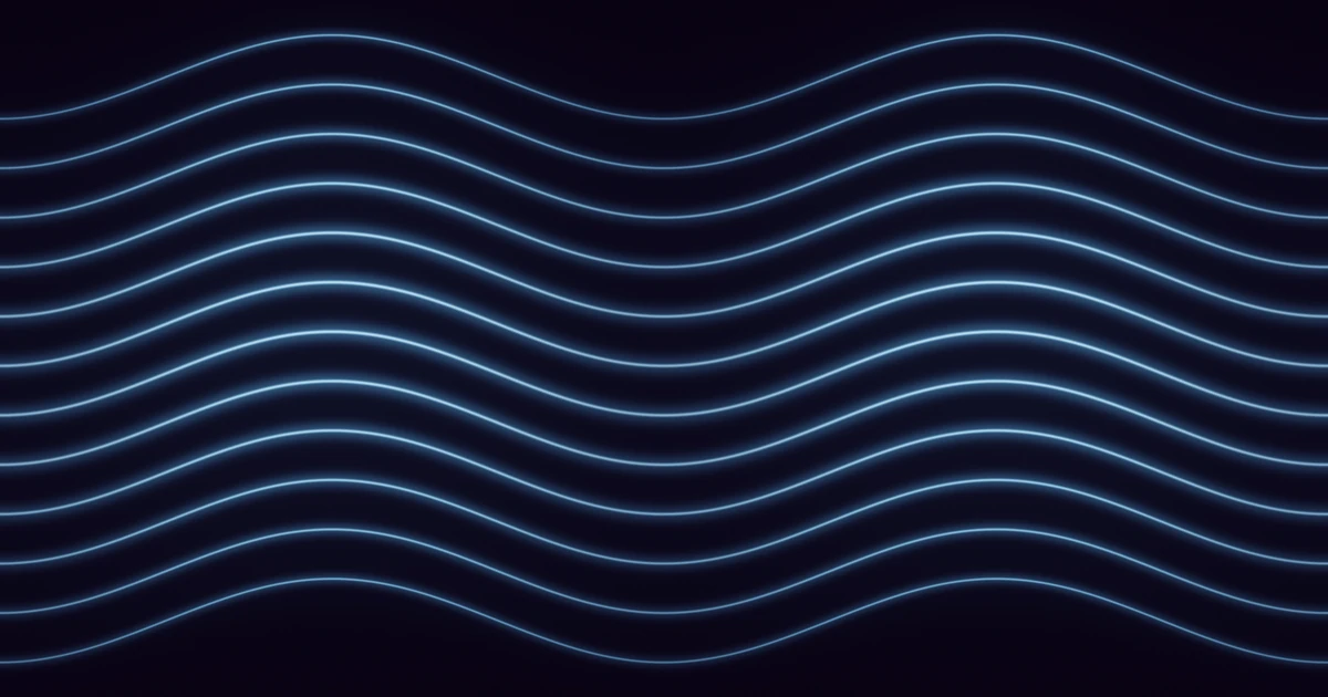 Twelve long blue ribbons of light on a deep violet ground, rising in two gentle crests across the picture and never touching