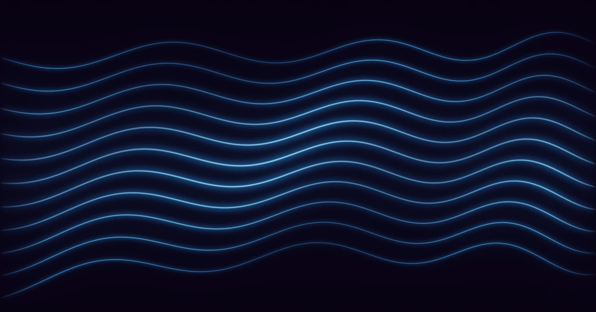 Eleven long blue ribbons of light on a deep violet ground, their waves quickening gently from left to right
