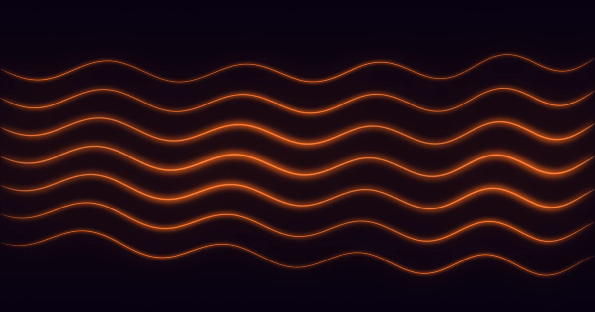 Seven long orange ribbons of light on a deep violet ground, their waves quickening gently from left to right