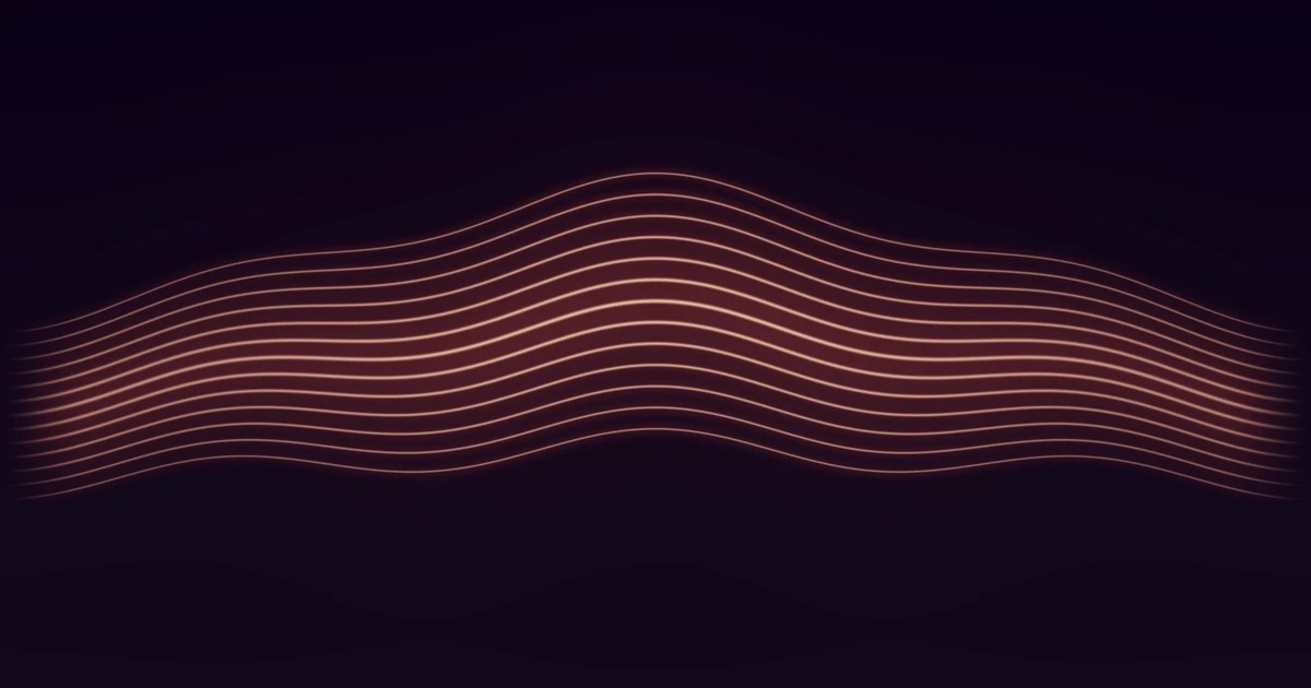 Thirteen brown-red ribbons of light rising in one slow arch across dark space, opening apart where the arch is highest