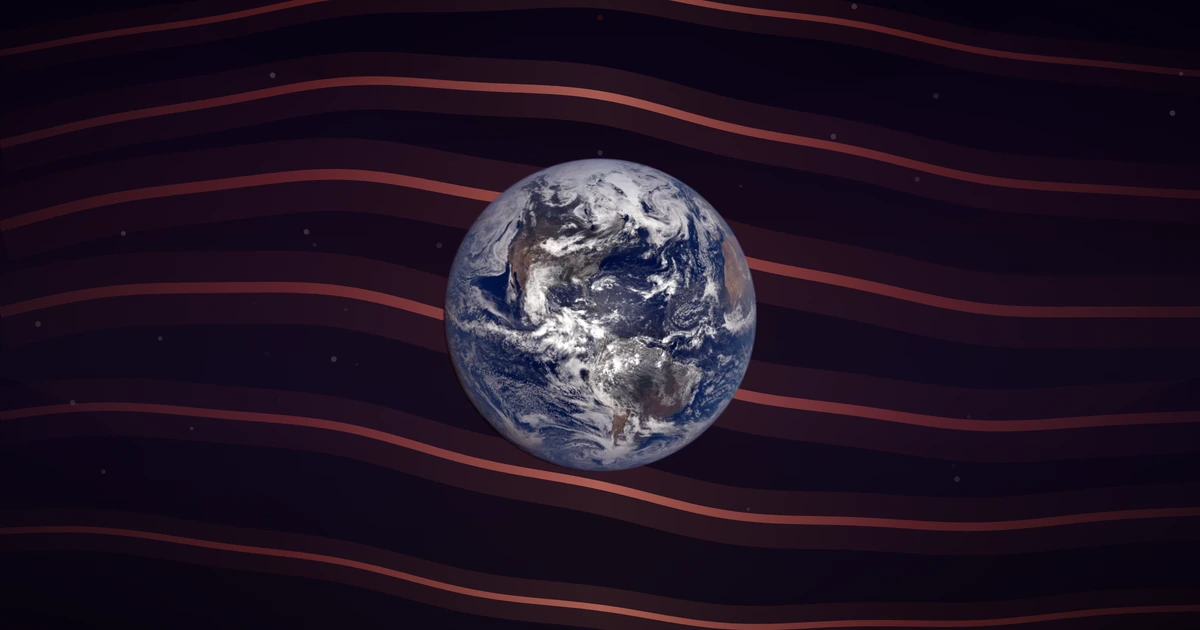 The whole sunlit Earth photographed from deep space by NASA's DSCOVR spacecraft, with red orange wave ribbons behind it