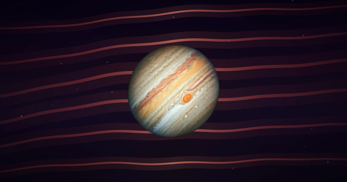 Jupiter whole, its cloud bands and Great Red Spot photographed by Hubble, with deep red wave ribbons passing behind it