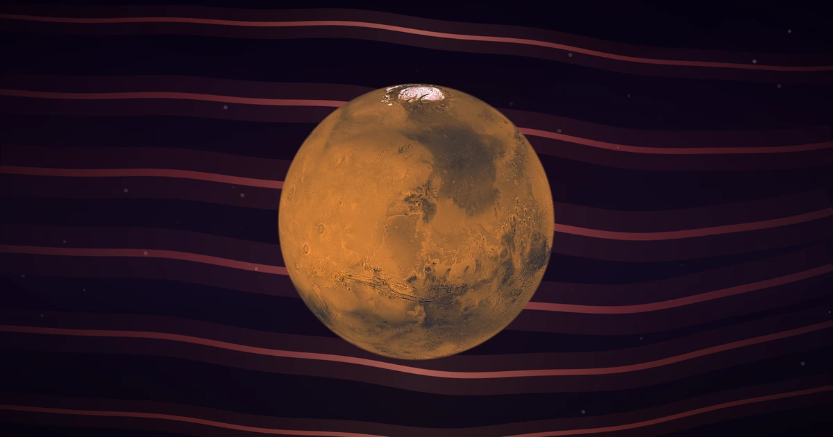 The whole of Mars, its north polar cap at the top, in front of long brown-red ribbons of light flowing across deep space