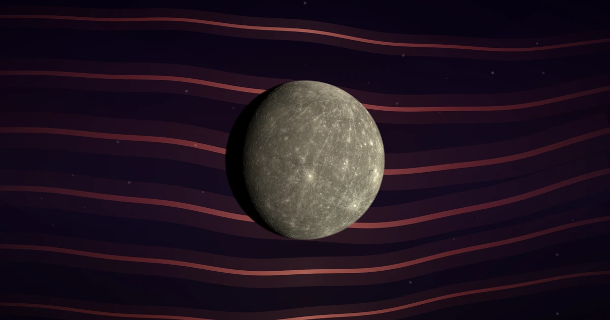 Mercury, photographed whole by MESSENGER, in front of long brown-red ribbons of light flowing across deep space