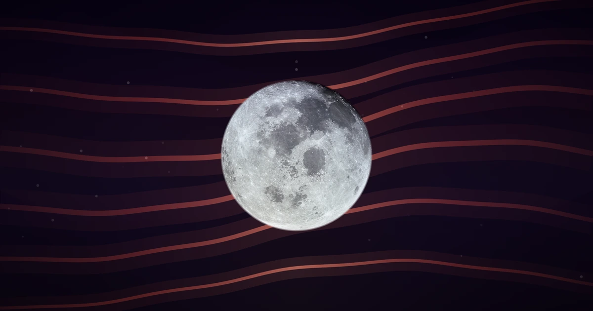 The whole full Moon photographed from Apollo 11, with deep red wave ribbons passing behind it