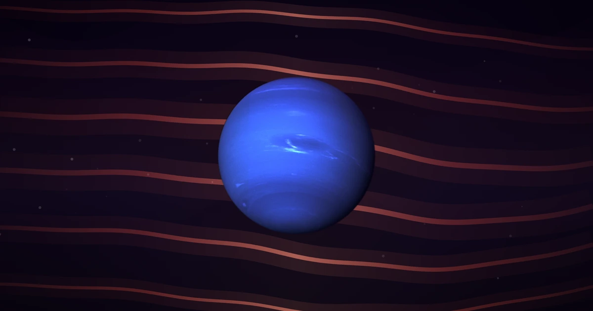 Neptune whole, its blue clouds and Great Dark Spot photographed by Voyager 2, with deep red wave ribbons passing behind it