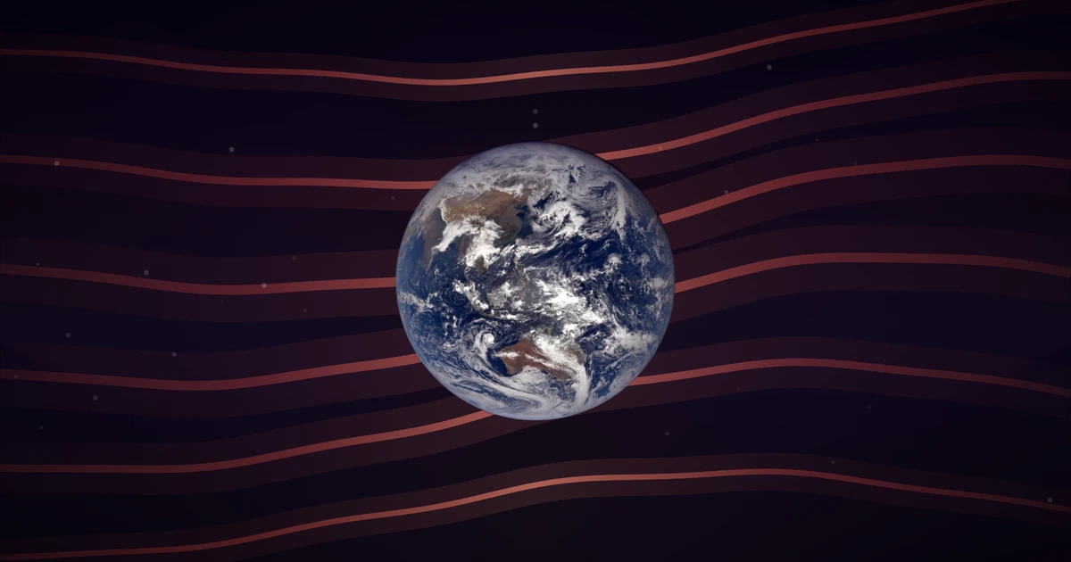 The whole sunlit Earth photographed by NASA's DSCOVR spacecraft on the March equinox, with brown-red wave ribbons behind it