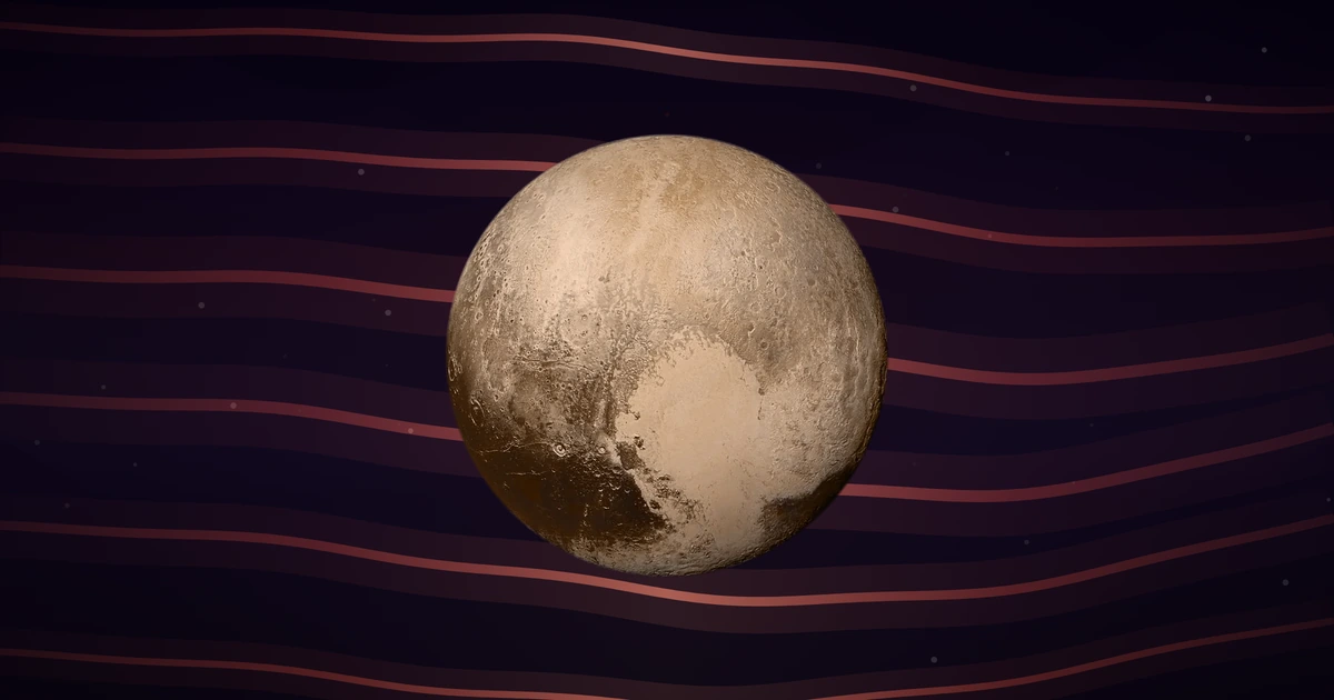 The whole of Pluto, its pale heart-shaped plain at lower right, in front of long brown-red ribbons of light flowing across deep space