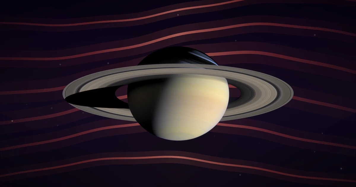 Saturn and its rings, photographed whole by Cassini, in front of long brown-red ribbons of light flowing across deep space