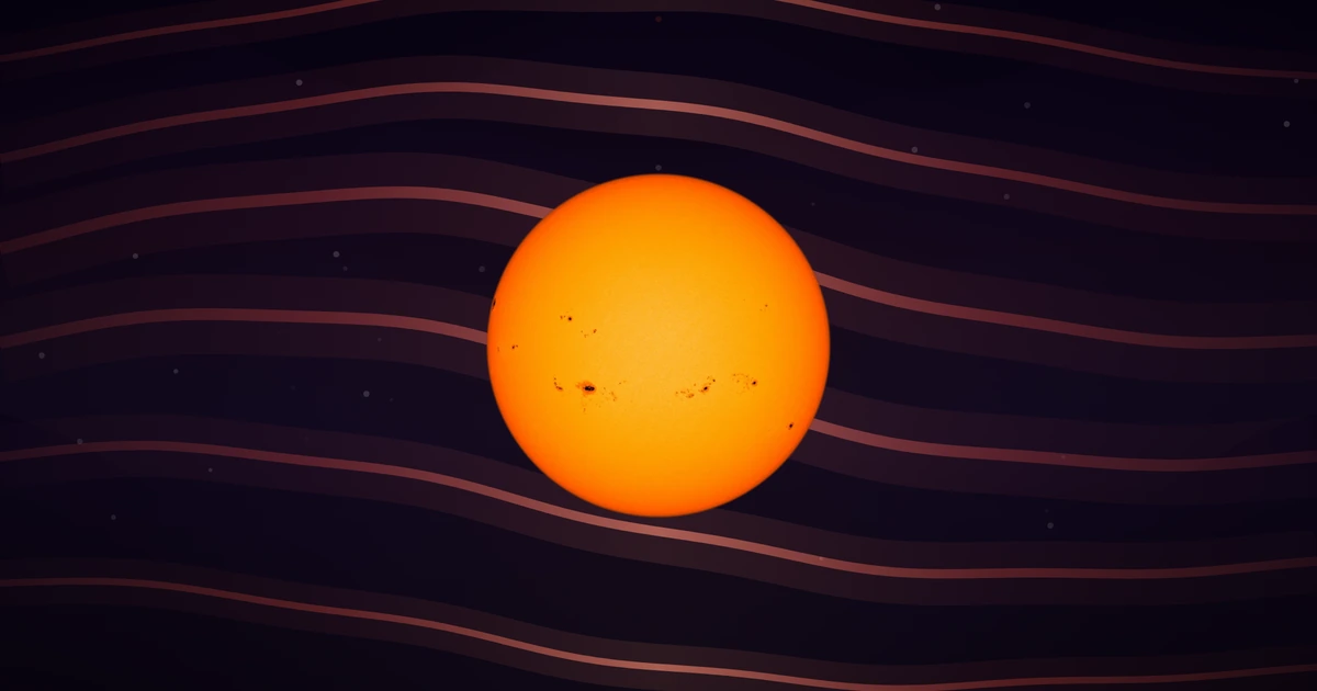 The whole Sun photographed by NASA's Solar Dynamics Observatory, with deep red wave ribbons passing behind it