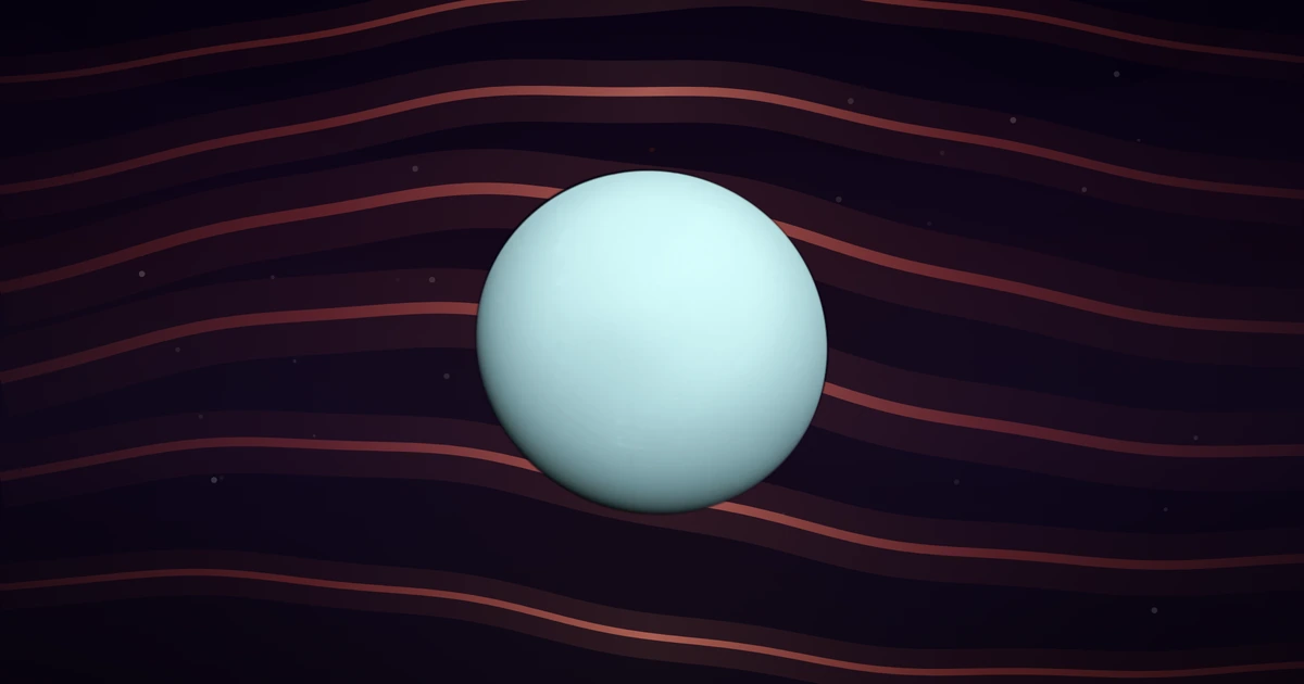 Uranus whole, a smooth pale blue-green globe photographed by Voyager 2, with deep red wave ribbons passing behind it
