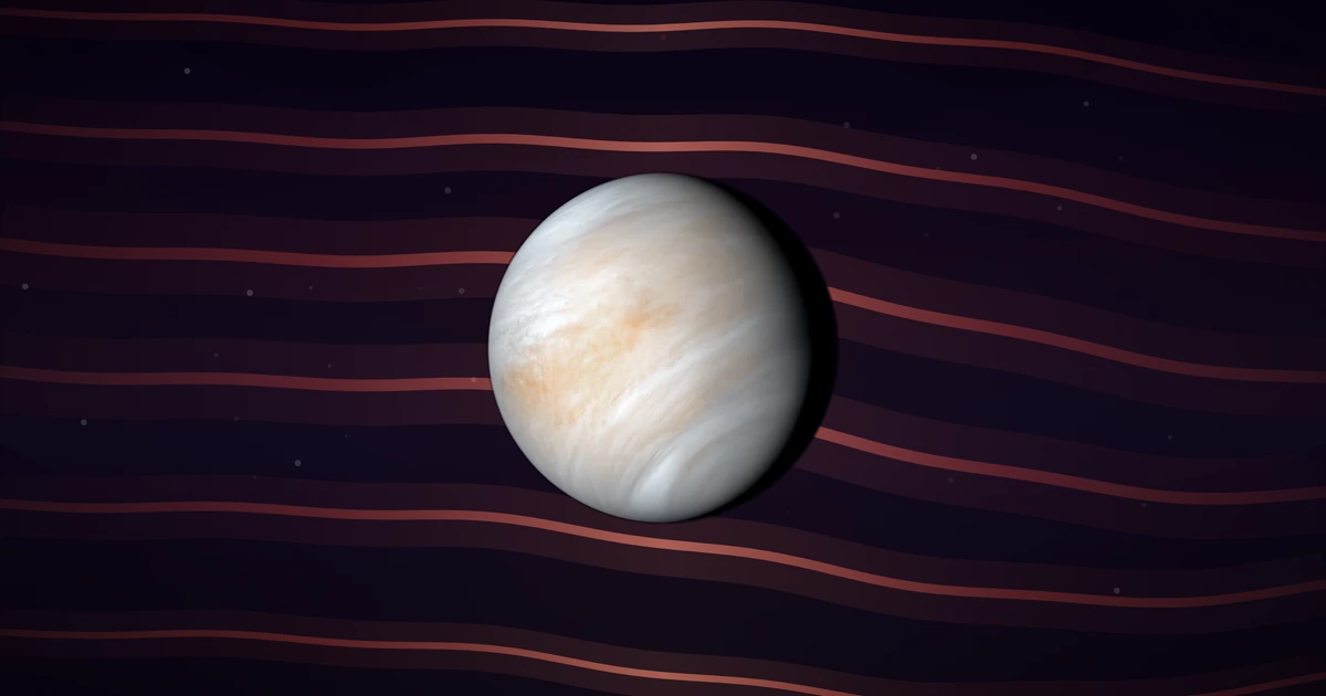 Venus, photographed whole by Mariner 10, in front of long brown-red ribbons of light flowing across deep space