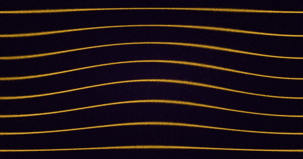 Grains of yellow sand settled into eight long, wavy parallel lines across a dark field, swelling gently in the middle