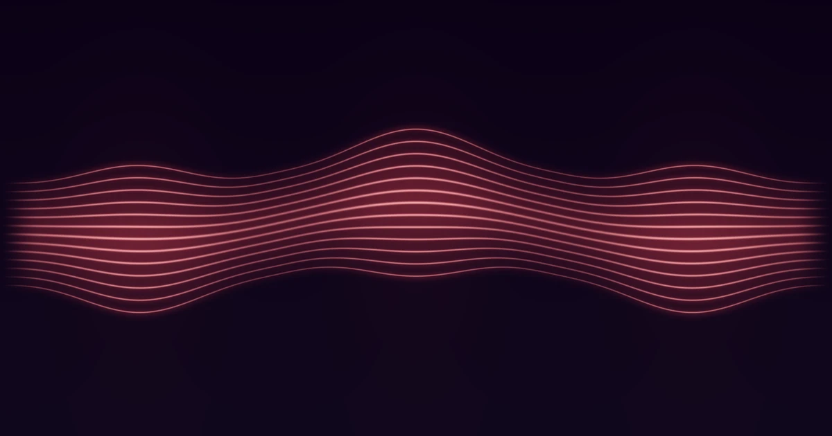 Thirteen deep red ribbons rolling across dark space, opening apart and brightening in three slow swells, like a struck bowl's tone