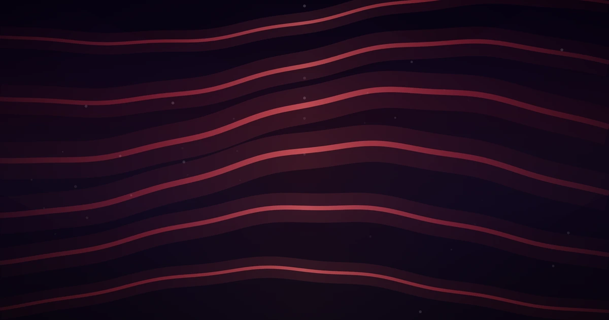 Long red ribbons of light flowing edge to edge across a deep, dark field, arching gently over the centre
