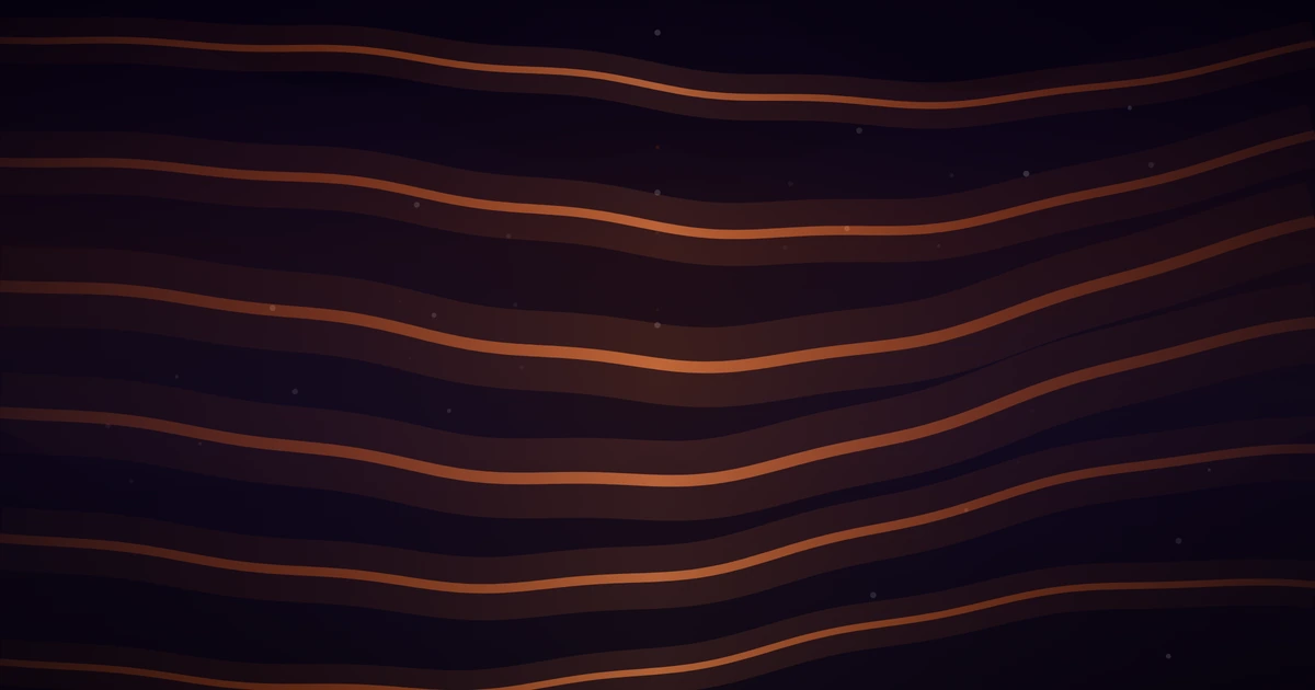 Long orange ribbons of light flowing edge to edge across a deep, dark field, bowing gently under the centre