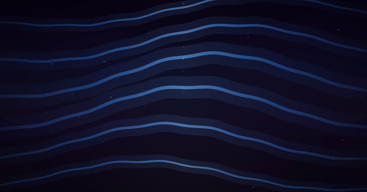 Long blue ribbons of light flowing edge to edge across a dark navy field, arching gently over the centre