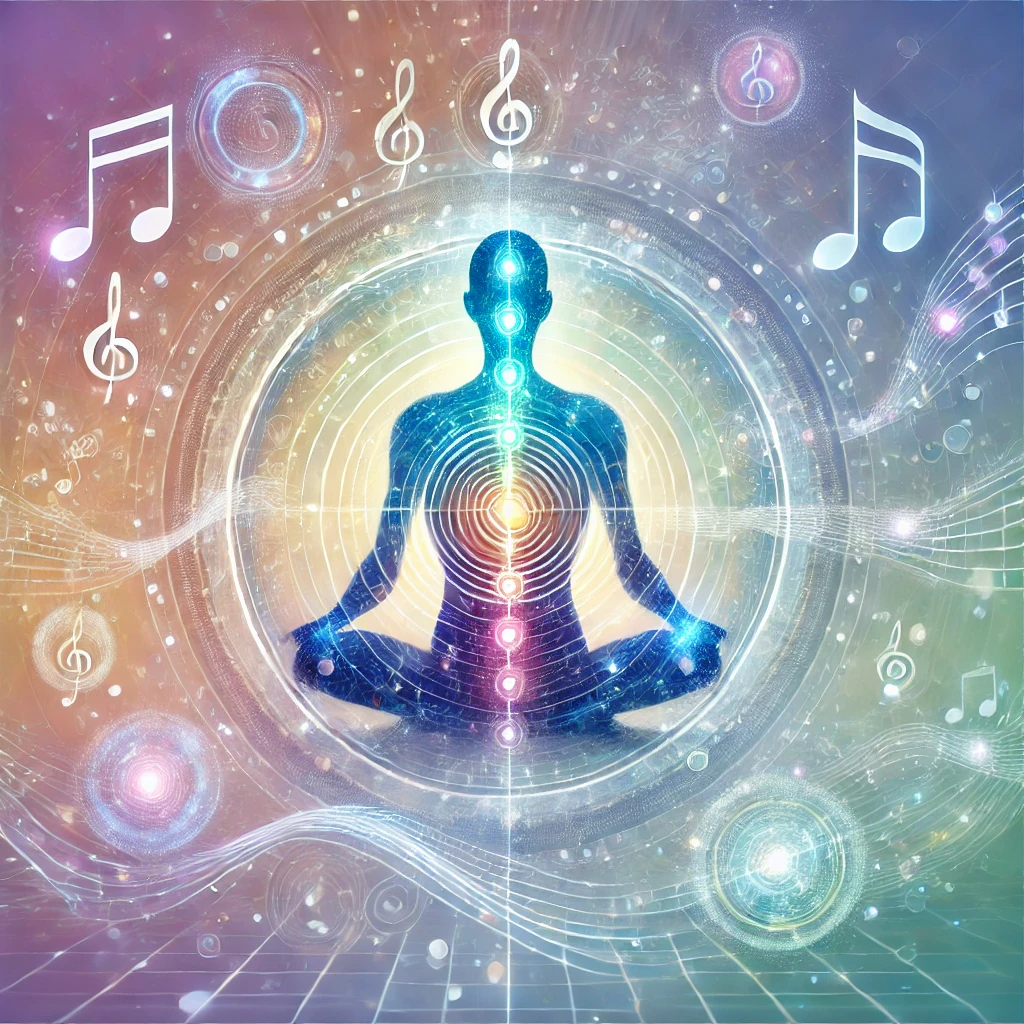 A image of a man meditating with his chakras highlighted and musical notes around him.