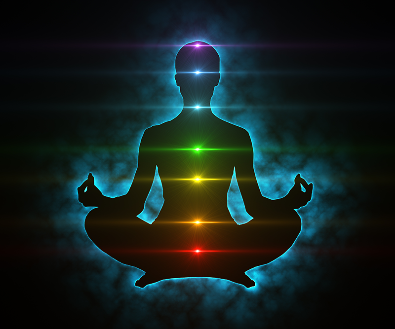 A image of a man meditating with his chakras highlighted.