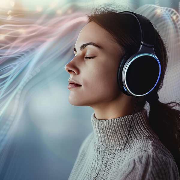 An image of a lady listening to music through headphones.